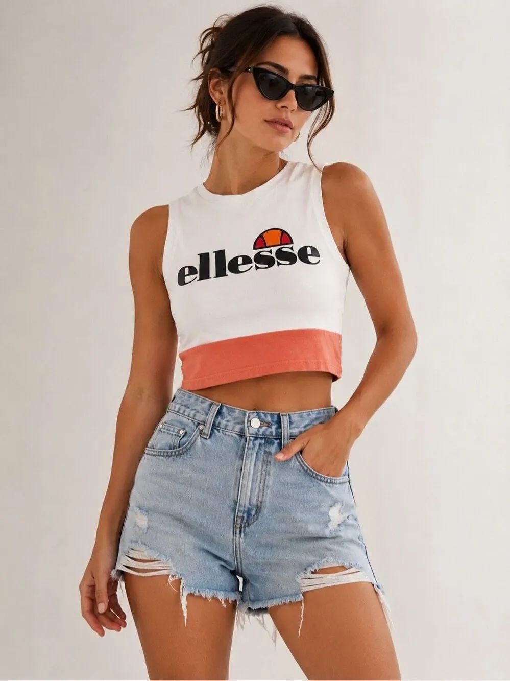 Rare Ellesse Women’s Cropped Logo Tank Top White Coral Colorblock Size US 2